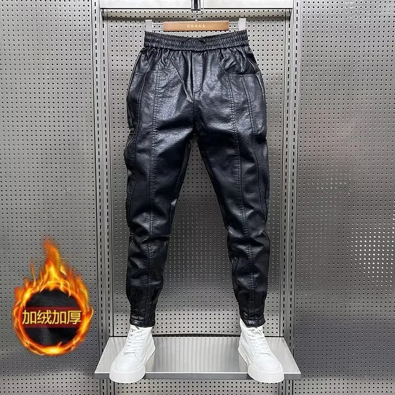 Hip Hop Mens Leather Pants Harajuku Retro Loose Casual Trousers Straight Solid Color Black Streetwear Motorcycle Pan 251226