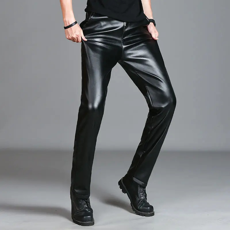 Mens Leather Pants Slim Fit PU Elastic Single Layer Motorcycle Man Waterproof OilProof Young 251226