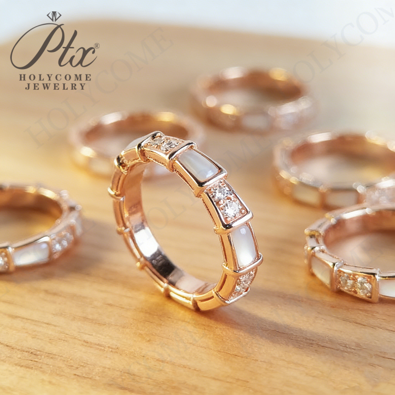 Boutique High Snake Bone Ring Plated with 18k Rose Gold Full of Zircon Diamonds White Mother of Pearl Snake-shaped Ring