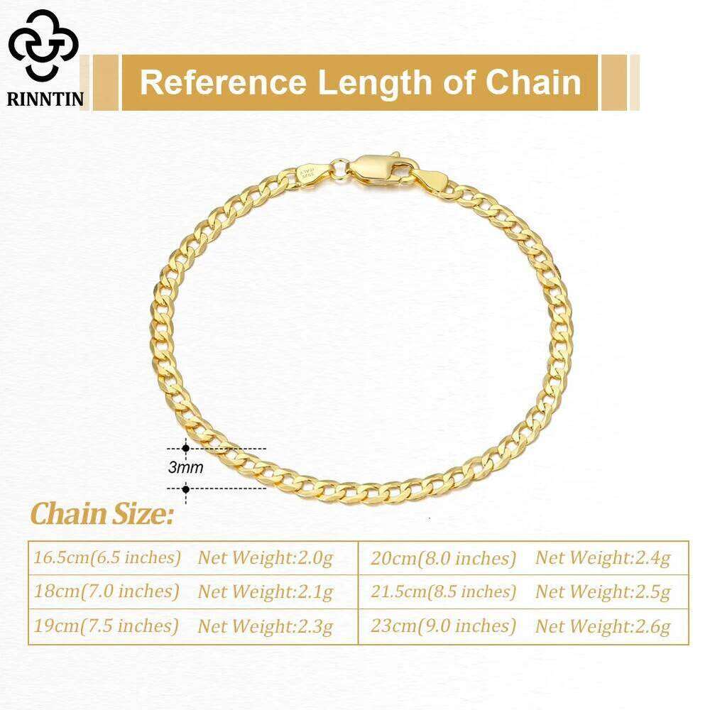 Rinntin 925 Sterling Handmade 3mm Cuban for Men Women Italian Silver Link Chain Bracelet Jewelry SB123 25T1226