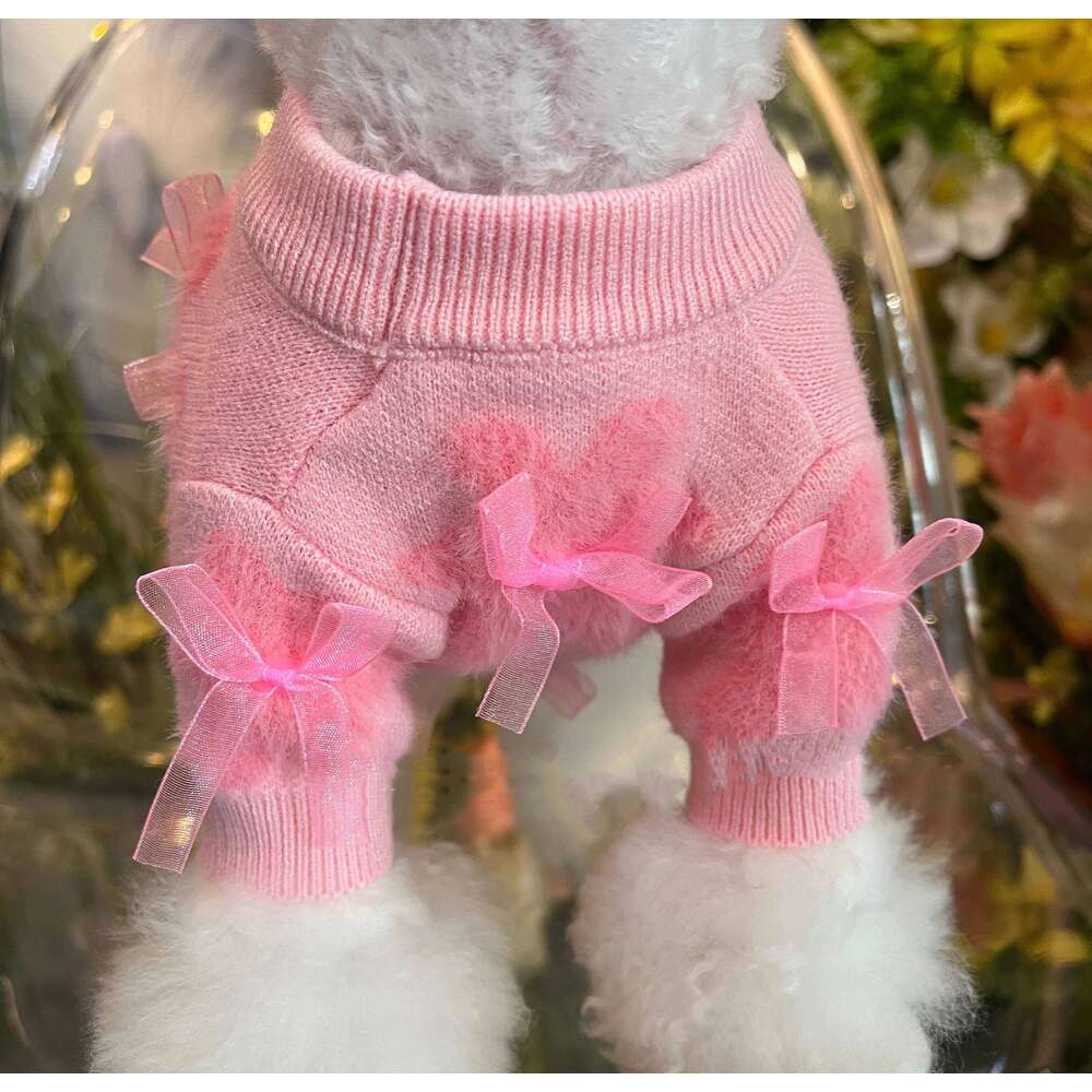Pink Bow-Shaped Plush, Cute And Warm Design Pet Sweater, Suitable Winter, For Small Dogs' Clothing. 25T1226