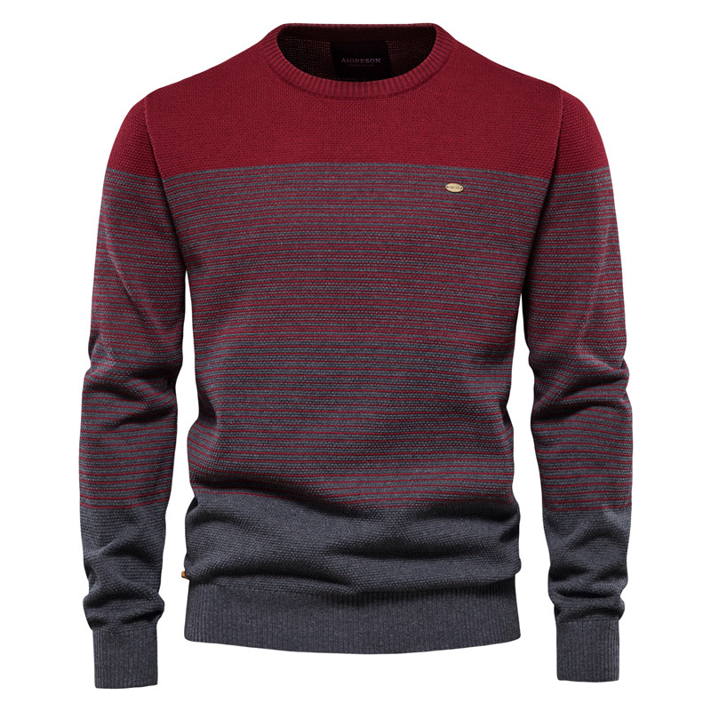 WOZK autumn and winter retro top long sleeved trendy men's sweater slim fit round neck striped men's knitted sweater trend