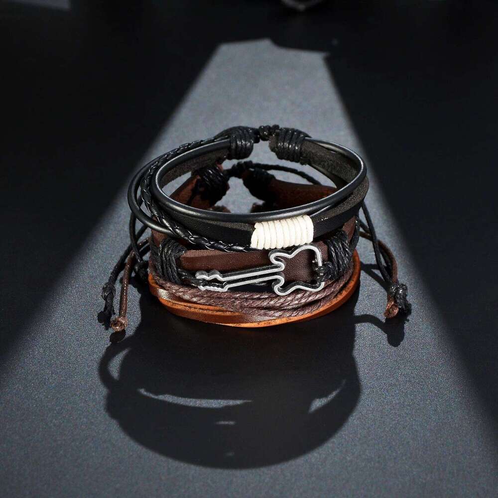 MeMolissa 3/4Pcs/ Set Braided Wrap Leather Bracelet for Men Vintage Life Tree Guitar Wood Beads Fashion Male Bracelets Wristband 25T1226