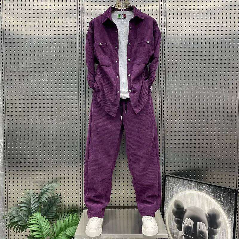 Autumn Winter Thickened Lapel Solid Color Corduroy Casual Suit Trendy Men's Fashion Versatile Jacket Trousers Two-Piece Set