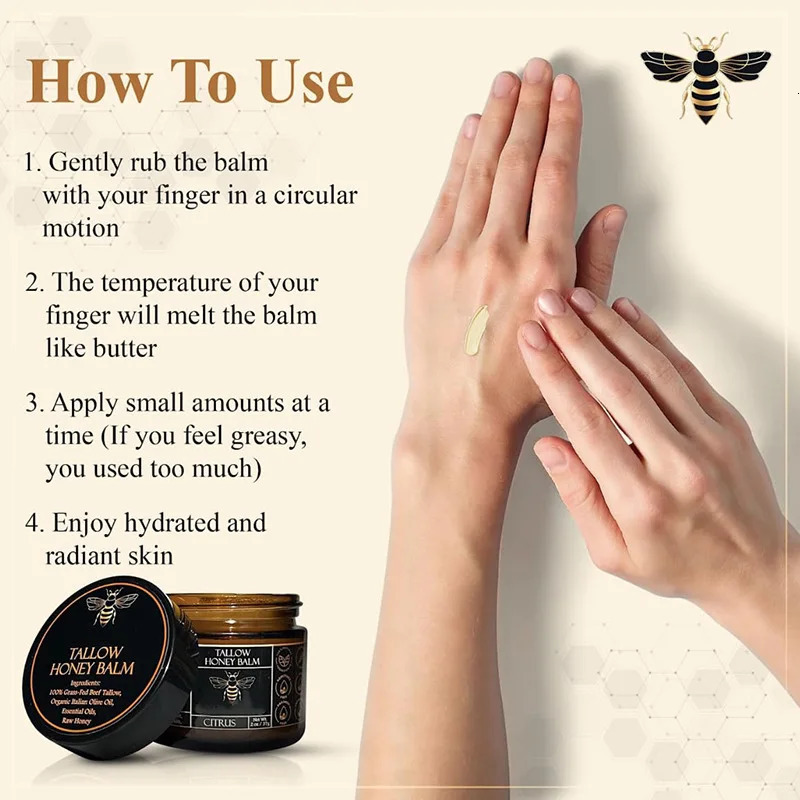 Organic Grass-Fed Beef Tallow Balm with Raw Honey - Cream for Soft Smooth Skin - Handmade All-Natural r 251217