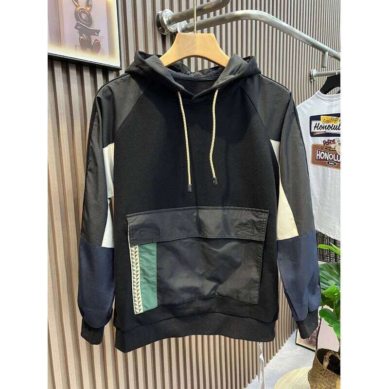 Men Korean Fashion Contrast Color Patchwork Hooded Sweatshirts Casual Streetwear Pocket Cargo Hoodie Long Sleeve Pullover Tops