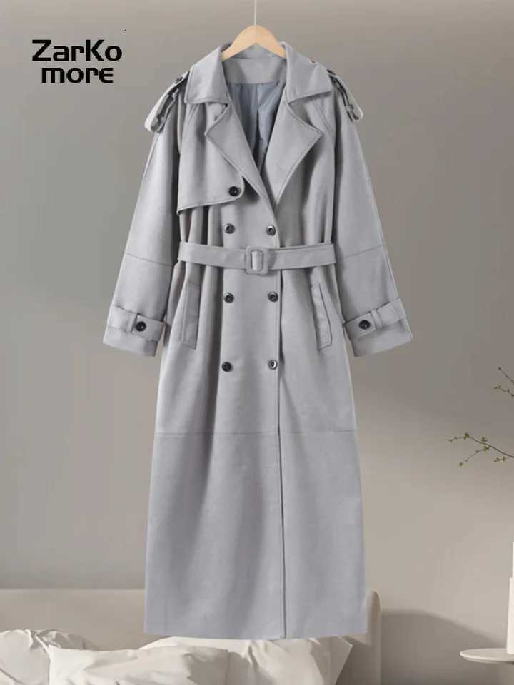 Chic Solid Belt Long Trench Coat Women Lapel Double Breast Full Sleeve Windbreaker 2025 Autumn Winter Lady Commute Coat NewT251226