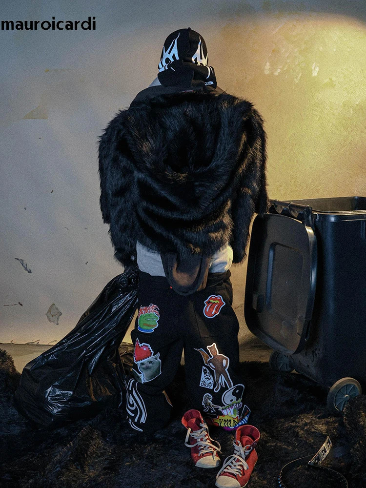Mauroicardi Autumn Winter Cool Short Oversized Black Thick Warm Soft Hairy Shaggy Faux Fur Coat Men with Hood Fluffy Jacket 251222