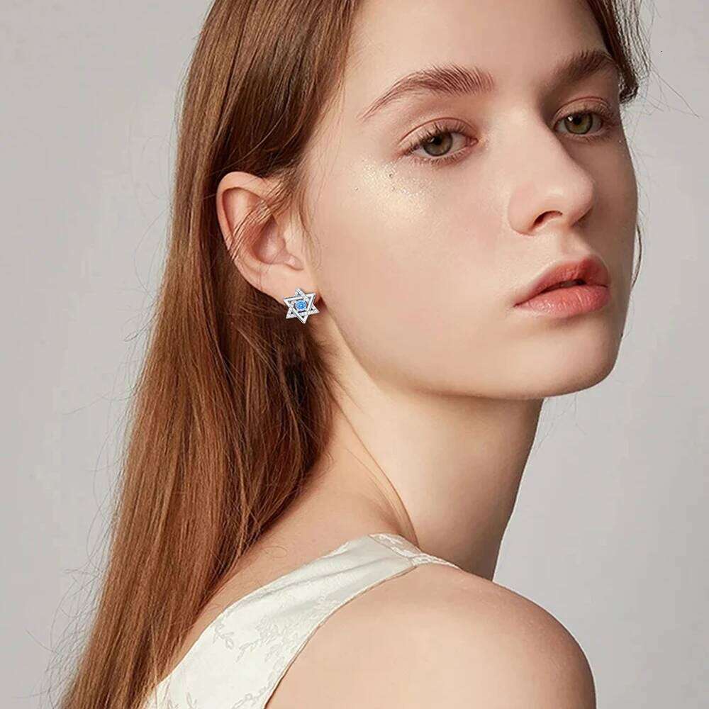 925 Sterling Silver Star Of David Stud Earrings With Blue Round Zircon Birthday Christmas Jewelry Gifts For Women Girls Friends 25H1226
