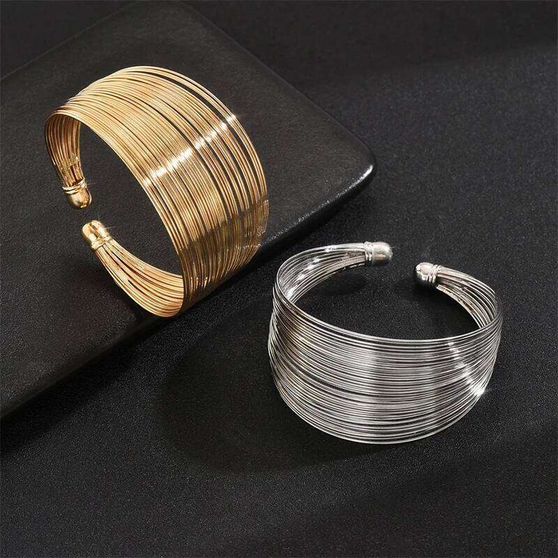Vintage Gold Color Multi-Layer Opening Wide Cuff for Women Exaggerated Metal Lines Wrist Bracelet Party Jewelry Gift 25T1226