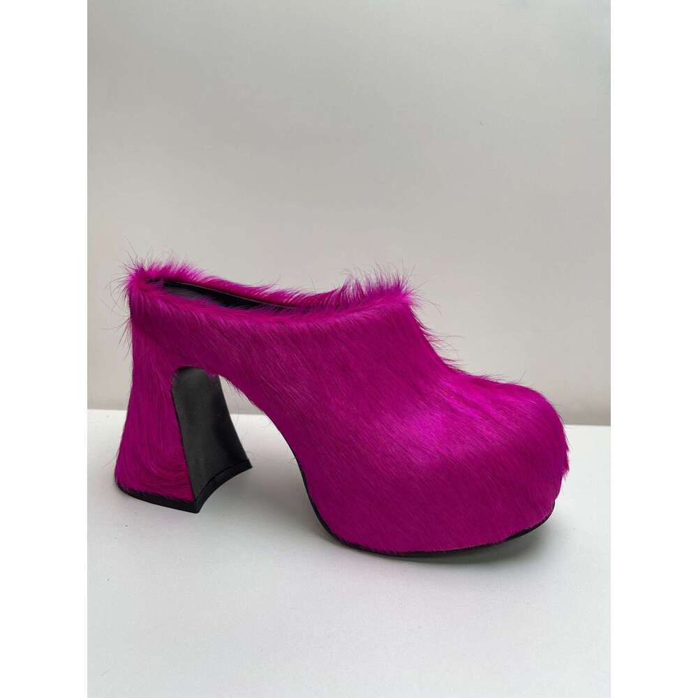 2025 New Foreign Trade Style Closed-Toe Horsehair Chunky Heel Waterproof Mules Thick Sole Platform Plus Size Women's Shoes