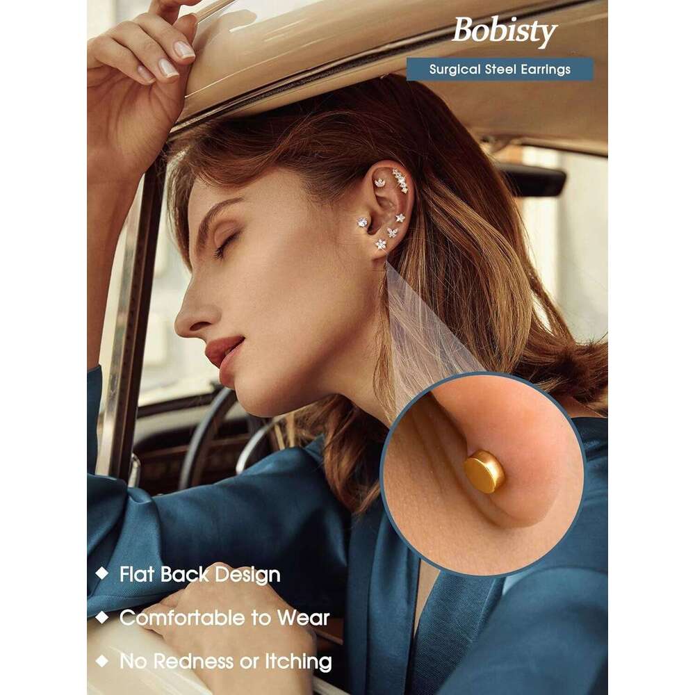 Bobisty Surgical Steel Cartilage Studs Earrings Hypoallergenic Earring Set Flat Back Helix Tragus Piercing Jewellery for Women 25H1226