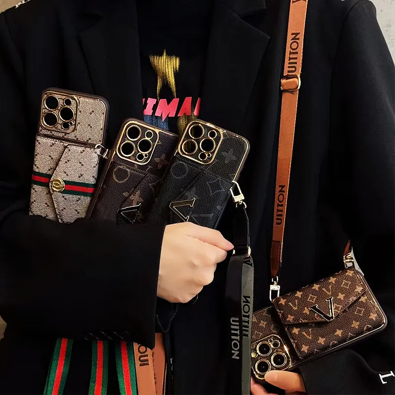 Luxury Crossbody Phone Cases Designer iPhone Case for iPhone 17 Pro Max 16 ProMax 15 pro 14 13 12 11 15 Plus 16 Plus Case Card Slot Holder Leather Wallet PhoneCase Lanyard