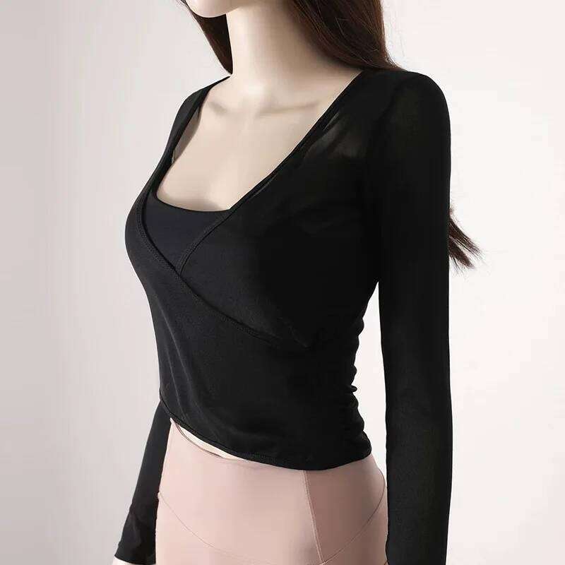 Quick Drying Yoga Sports Top V-Neck Cross Waist Mesh Breathable Fitness Long Sleeve Cover up for Women 25T1226