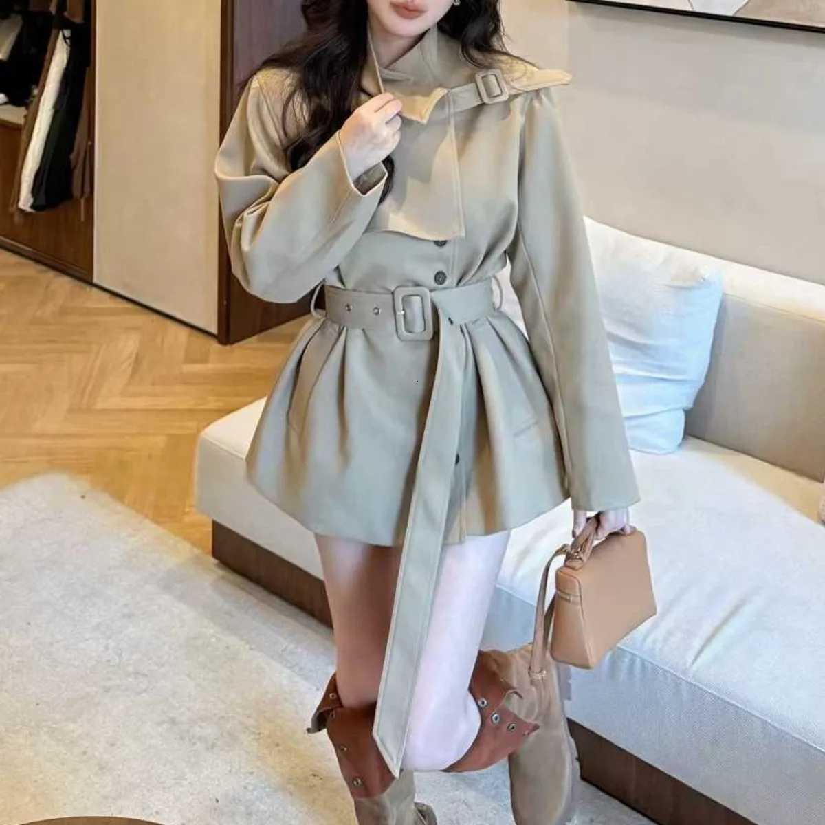 KWTX 2025 Womens Casual Short Trench Coat Autumn Winter Solid Color Single Breasted Stand Collar Belted Pockets VintageT251226