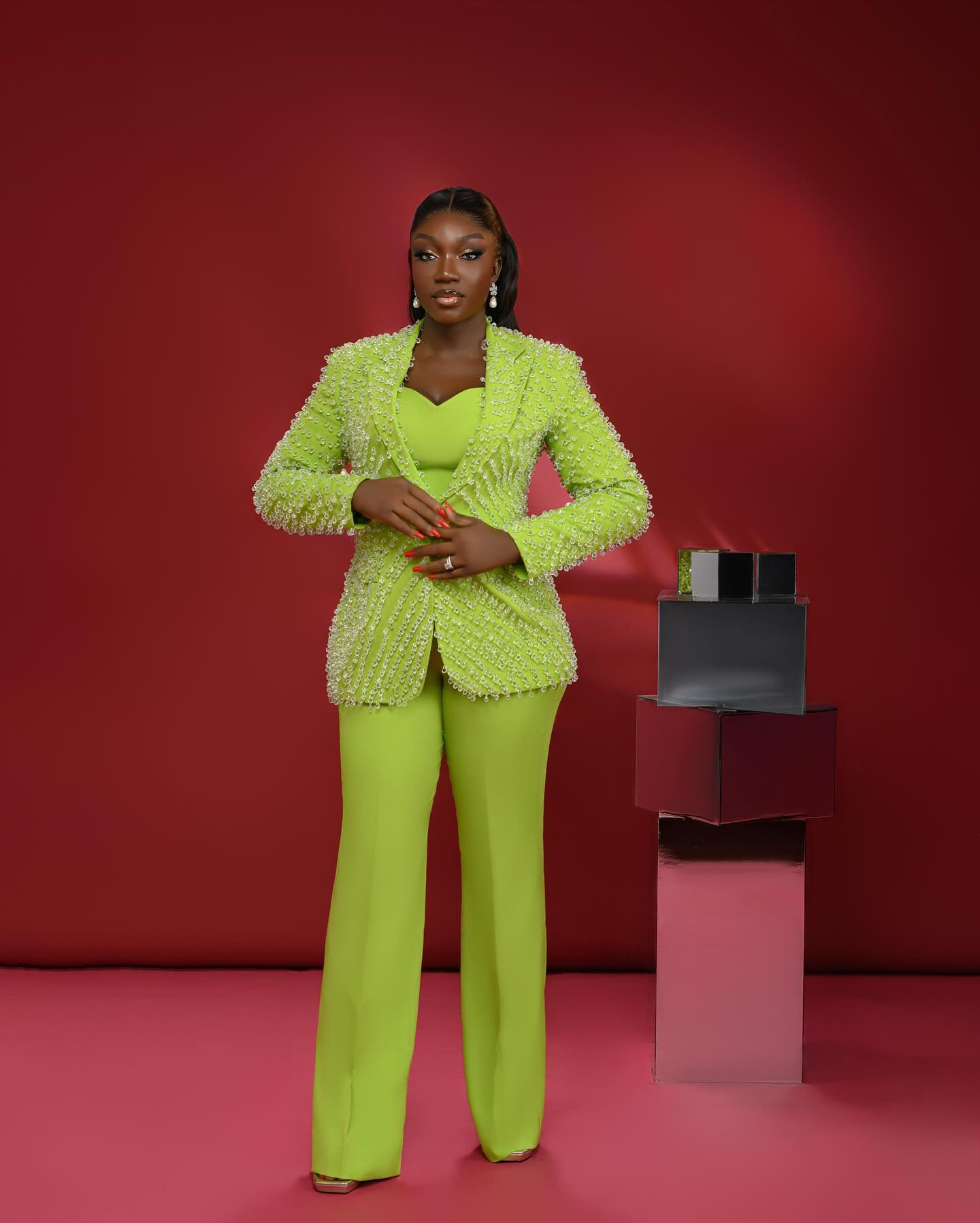 Customized Fresh Green Diamond Women Pants Suits Formal Business Slim Fit Working Wear Prom Birthday Party Evening 2 Pieces