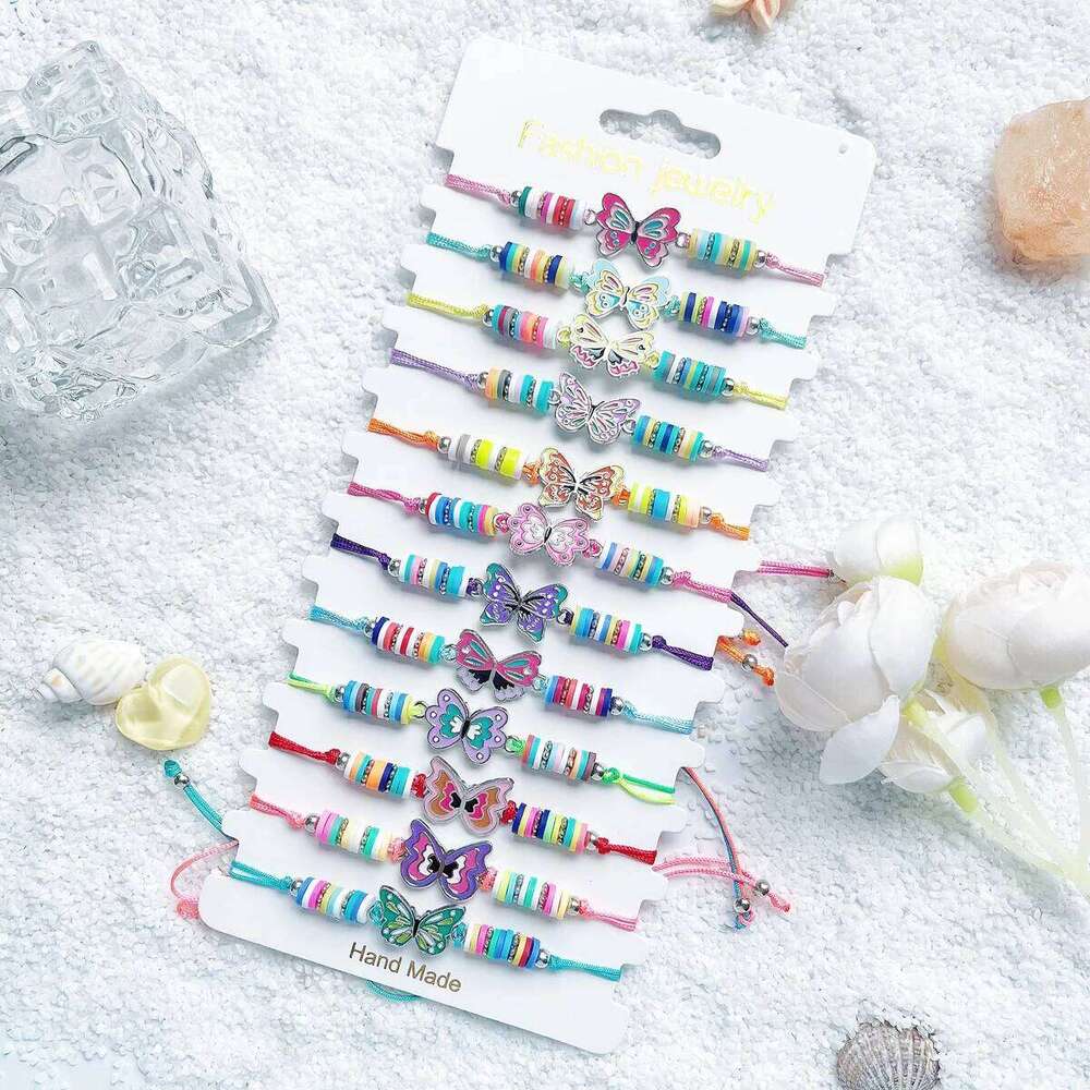 12Pcs/set Exquisite And Cute Colorful Butterfly Decor Adiustable polymer Clay Beaded Bracelet For Festivals &Birthday Gifts 25T1226