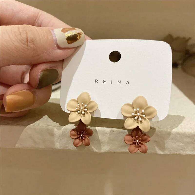 2024 Fashion Brown Two Color Flower Drop Dangle Earrings for Women Wedding Party Girl Elegant Jewelry Accessories 25H1226