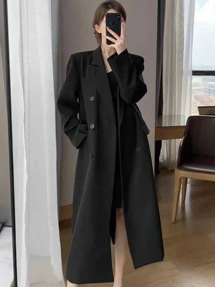Trench Coat for Women Suit Collar Double-breasted Solid Color Long Coat Elegance Office Lady Jackets Autumn Winter Clothes WomenT251226