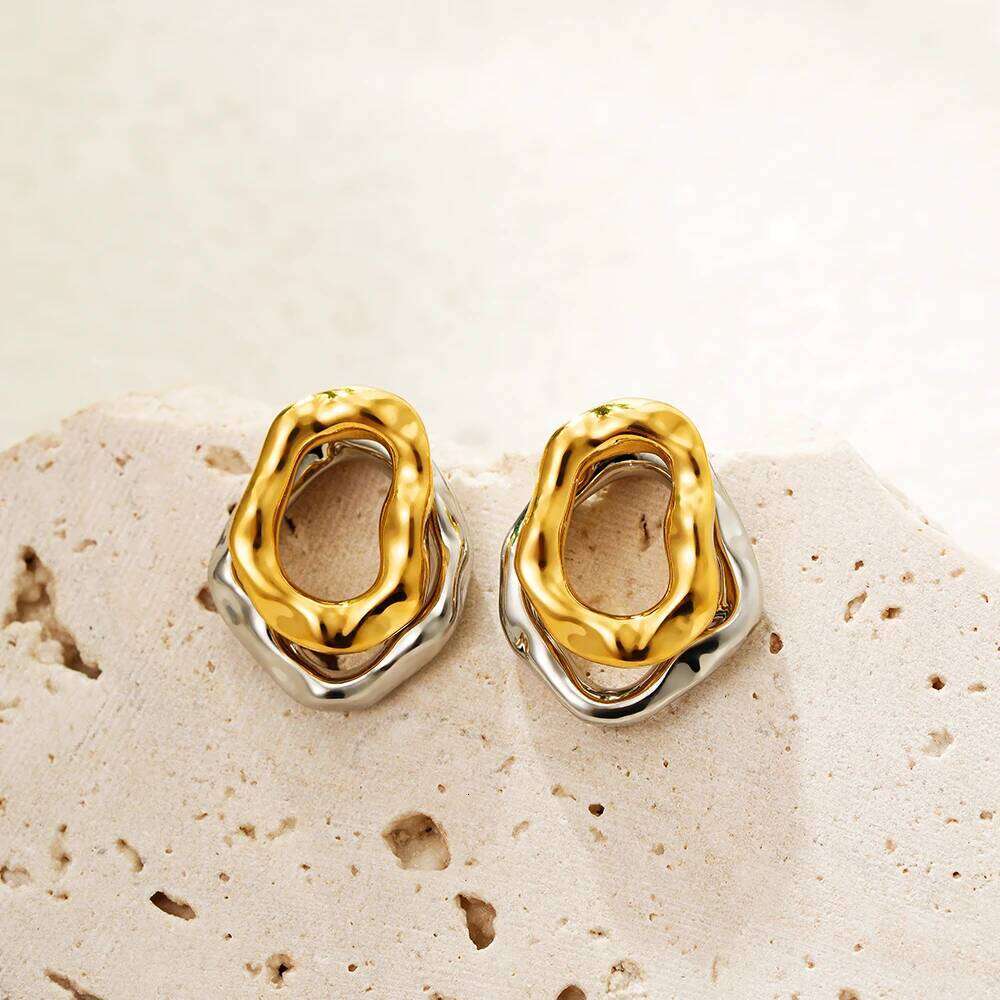 Geometric Stainless Steel Gold Sliver Color Bilayer Stud Earring for Women Irregular Metal Texture Fashion Jewelry Gift 25H1226