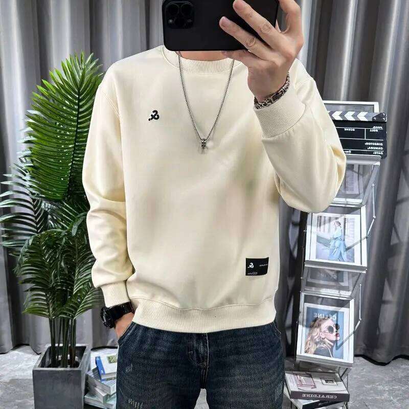 Spring Autumn Men's Trendy Simple Casual Print All Match Sweatshirt Y2k Streetwear Round Neck Long Sleeve Loose Pullover Hoodies