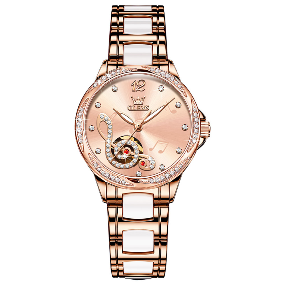 OLEVS Hot selling fully automatic mechanical watch, exquisite and elegant diamond inlaid ceramic with romantic notes, women's watch