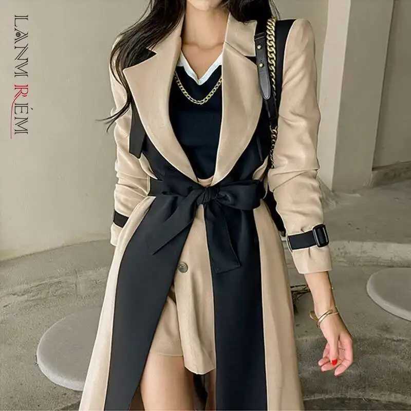 LANMREM Elegant Notched Collar Lady Patchwork Windbreaker Full Sleeve Buttons Belted Women Long Trench Coats 2025 Winter 2W1922T251226