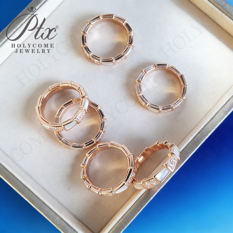 Boutique High Snake Bone Ring Plated with 18k Rose Gold Full of Zircon Diamonds White Mother of Pearl Snake-shaped Ring