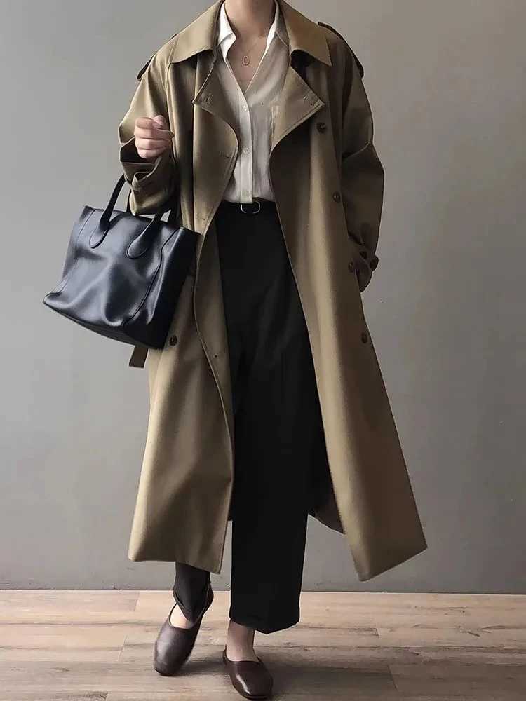 Korean Chic Double Breasted Long Trench Coats Women Streetwear Loose Gabardina Jackets With Belt Spring Fall Long Sleeve AbrigosT251226