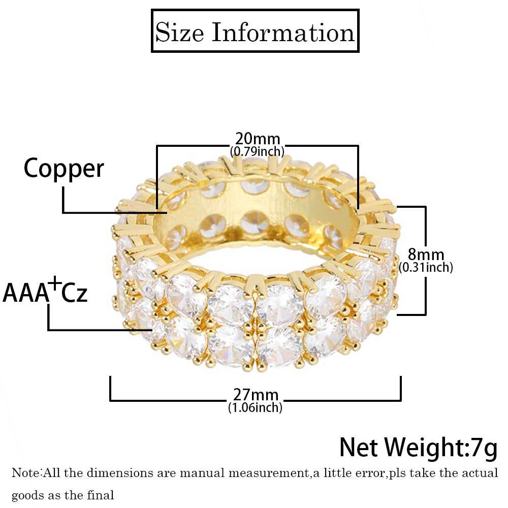 Hip Hop 8mm Double Layers Ring Bling 5A White Zirconia 18K Real Gold Plated Mens Finger Ring Rap Jewelry