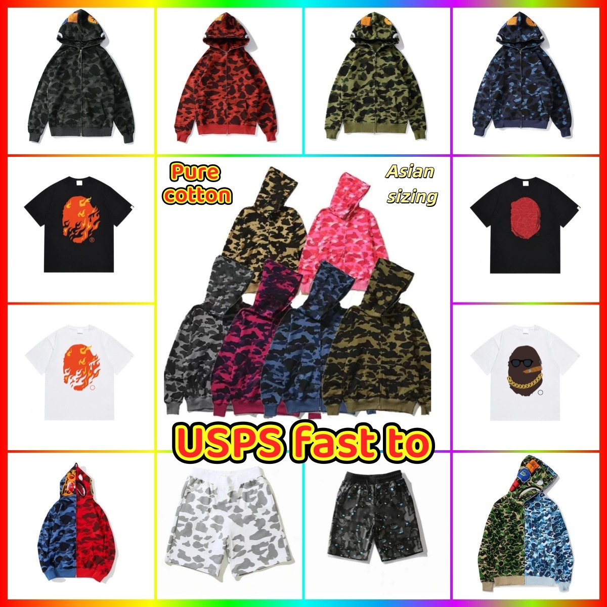 Mens Designer Hoodie Full Zip Up Shark Hoodies for Woman Black Camouflage Jacket Blue Hoody Hooded Sweatshirt Man Womens Sweater Long Sleeve Tech Fleece Cardigan3XL