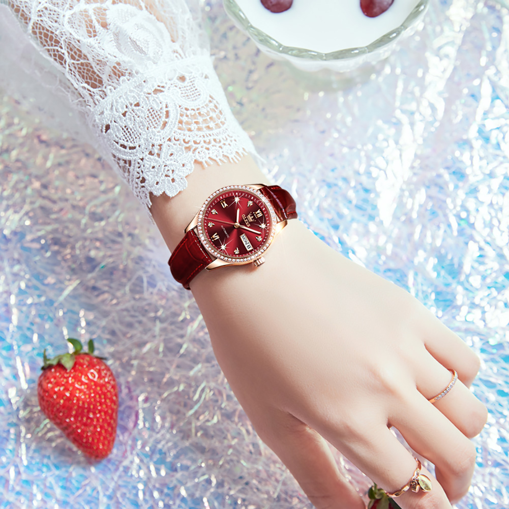 OLEVS Light luxury, elegant, high-end, diamond studded, romantic, dual calendar, fully automatic mechanical watch, leather waterproof women's wat
