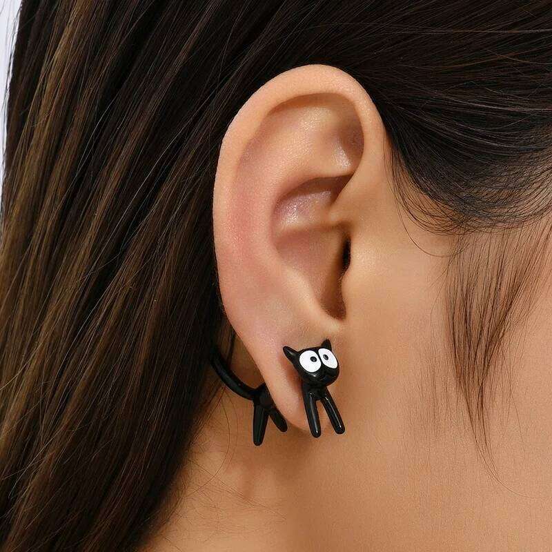 1 Pair Cute Black Cat Stud Earrings for Women Front Back Animal Jewelry Punk Fashion Statement Friendship Piercing Party Gift 25H1226