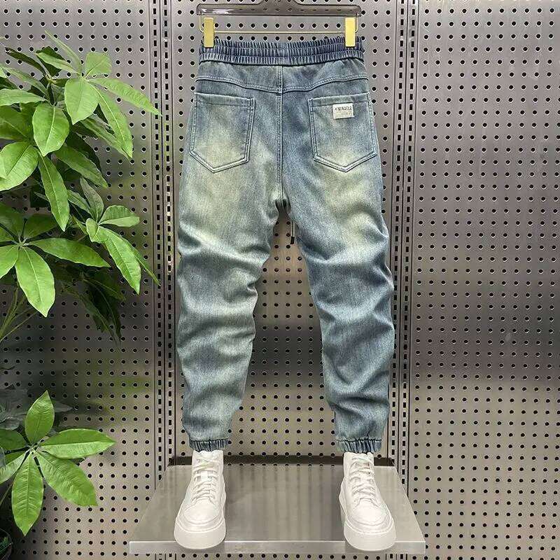 Trendy Men's Splicing Casual Elastic Waist Blue Old Jeans Loose And Versatile Fashion Harlan Pants