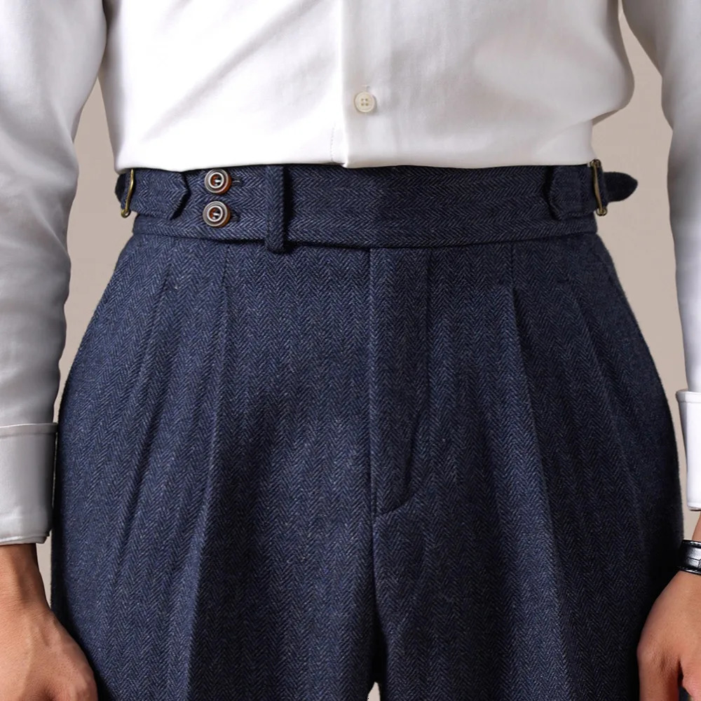 Autumn Herringbone Dress Pants For Men Naples Mens Wool Blend High Waist Social Casual Versatile Long Office Trousers 251226