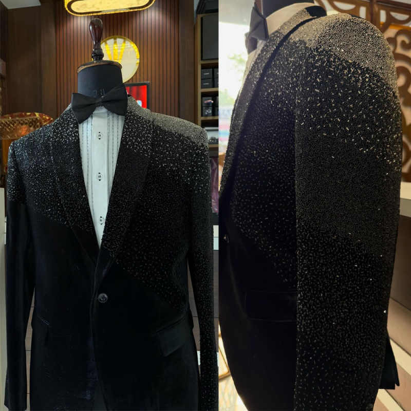 Luxurious Wedding Tuxedos Handmade Beaded Shawl Lapel Men Suit Exquisite 2 Piece Set Jacket Pants Evening Groom Coat Customized