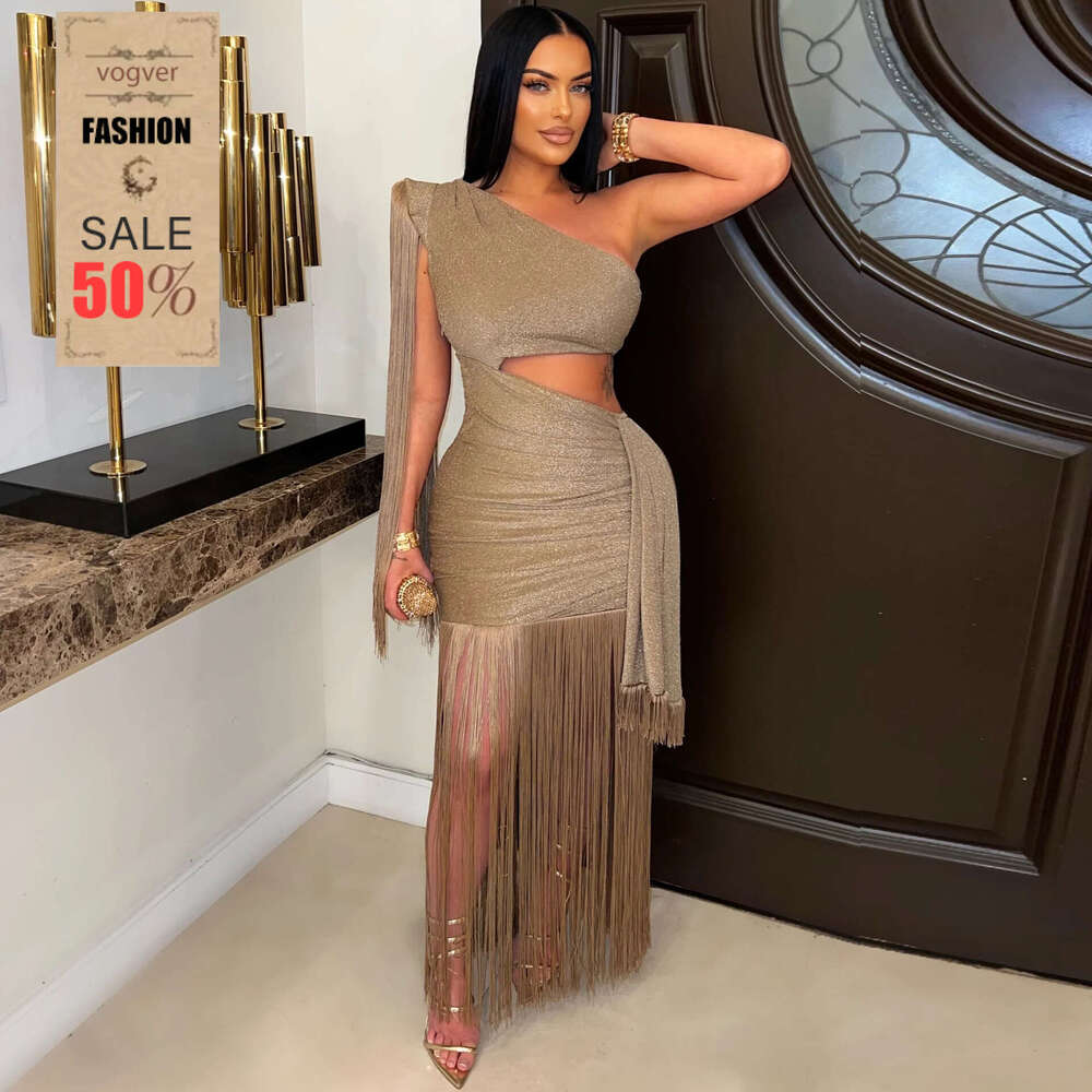 Dress for Women 2025 European American Style Asymmetric One-Shoulder Tassel Maxi Dress Sophisticated Formal Dinner Party Gown