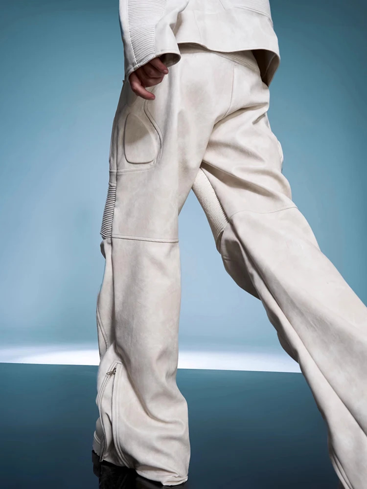 Mauroicardi Spring Autumn Cool Distressed White Long Pu Leather Straight Pants Men y Mens ner Clothes Streetwear 251226