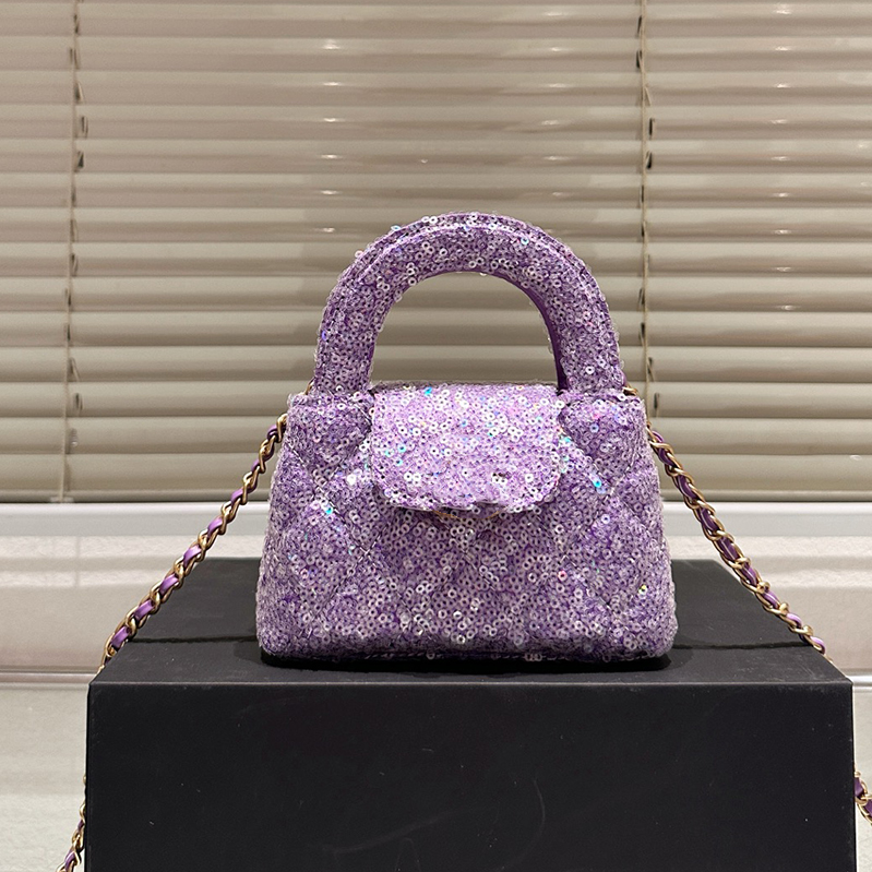 26k Luxury Handbag Mini Makeup Bag 14cm Designer Lady Shoulder Bags Shiny Sequins Gold Metal Matelasse Chain Crossbody 7 Color Evening Dress Sacoche Key Wallet