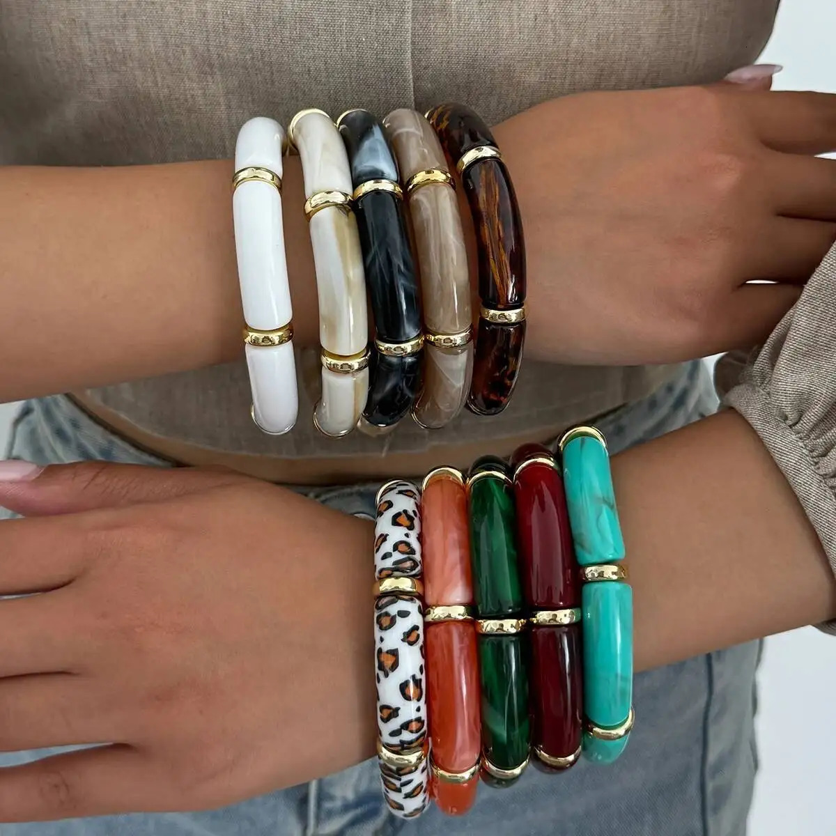 Ingemark 10 Colors Vintage Stackable Resin Bracelet Bohemian Round Tube Leopard Elastic Beaded Bangle Jewelry Gift 251219