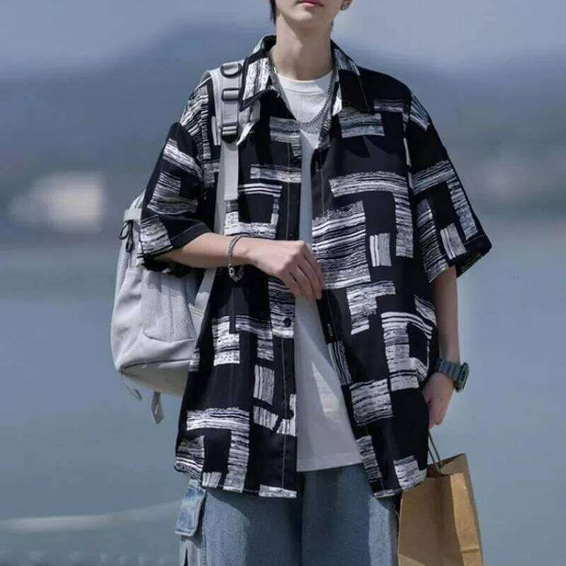 Men Summer Vintage Japanese Style Print Lapel Streetwear Y2k Shirt Youth Male Simple Casual Short Sleeve Oversize Harajuku Tops
