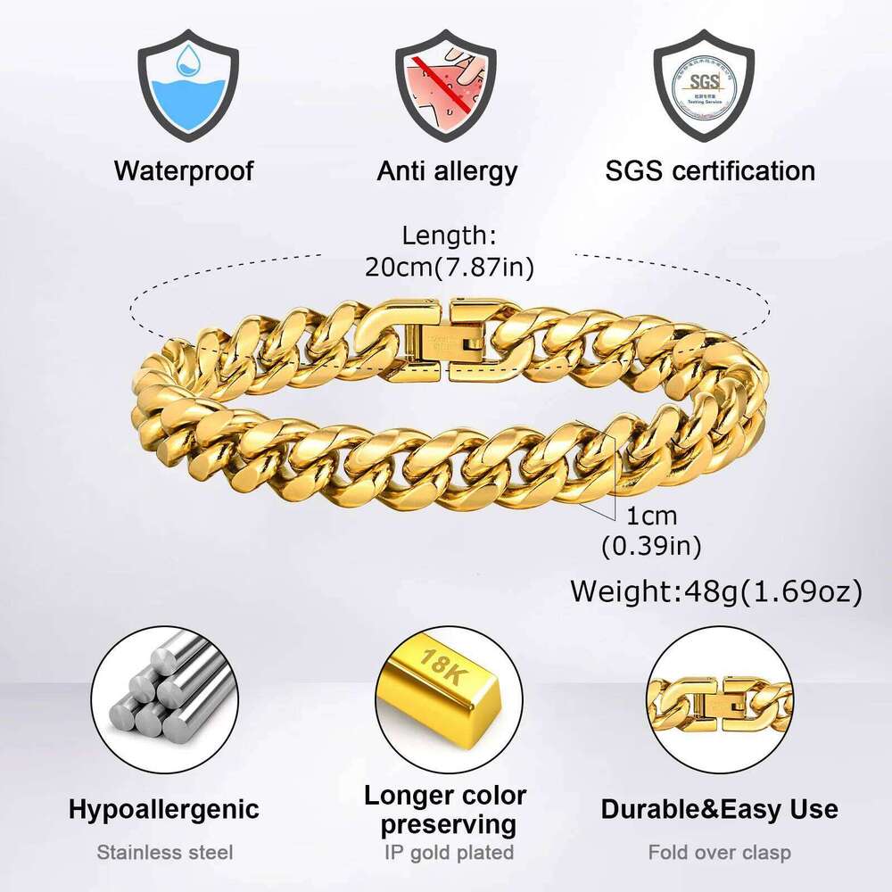 Gold Color Cuban Bracelets for Men,6/8/10/12MM Stainless Steel Chain Link Wristband,Casual Hip Hop Male Jewelry Gift 25T1226