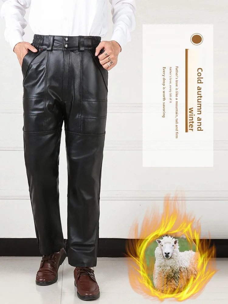 Haining Winter Thiened Genuine Leather Motorcycle Pants Mens Loose MiddleAged Warmth Windproof eepskin Trousers 251226