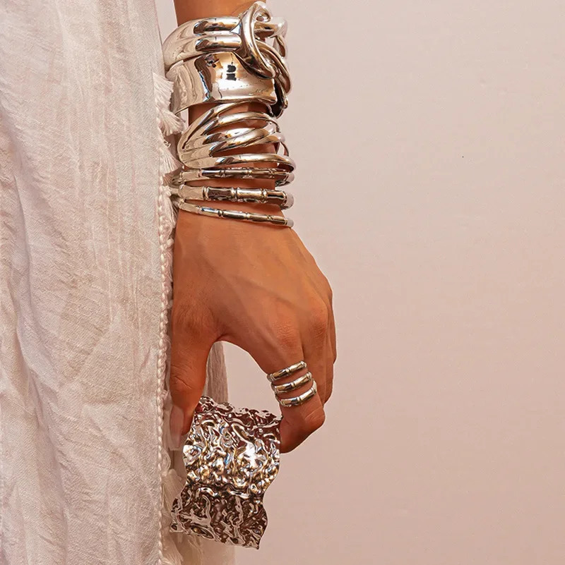 Multistyle Silver Color Metal Bangles Hollow Woven Irregular Wide Spring Open Cuff Bracelets Daily Steampunk Hand Jewelry F 251219