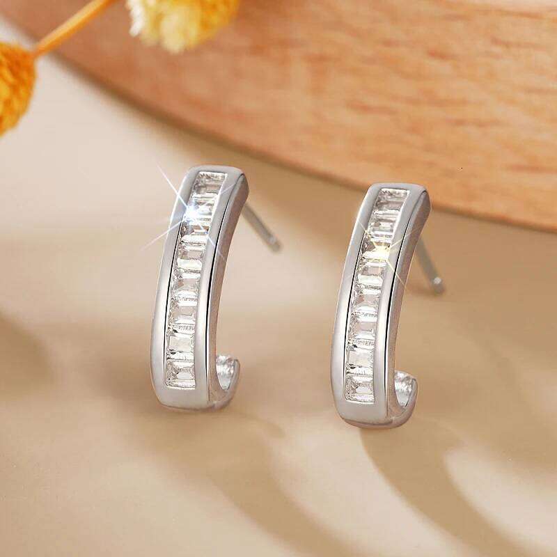 Huitan Simple Fashion Women's Line Stud Earrings with Cubic Zirconia Silver Color Trendy Versatile Daily Wear Girls Jewelry