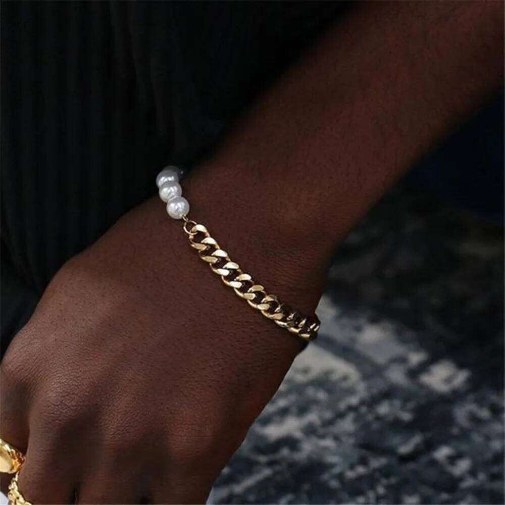 Simple Stainless Steel Pearl Stitch Silver Color Men Cuban Chain Bracelet Retro Party Jewelry Men's Fashion Accessories 25T1226