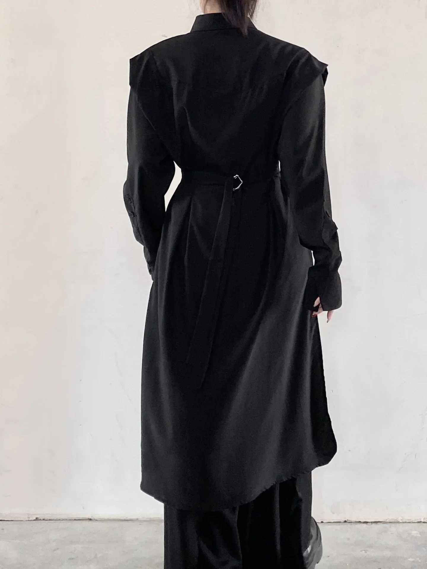 Fashion Womens Long Trench Shirt Dress Minimalism Black Dark Style Y2k Punk Streetwear Casual Womens Clothes YY Japan StyleT251226