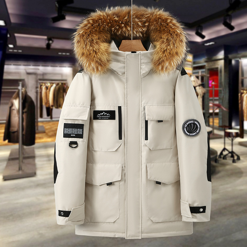 Men Women's Thickened Couples' Winter Down Jacket with Fur Collar - Mid-Length Outdoor Warm Coat S-3XL