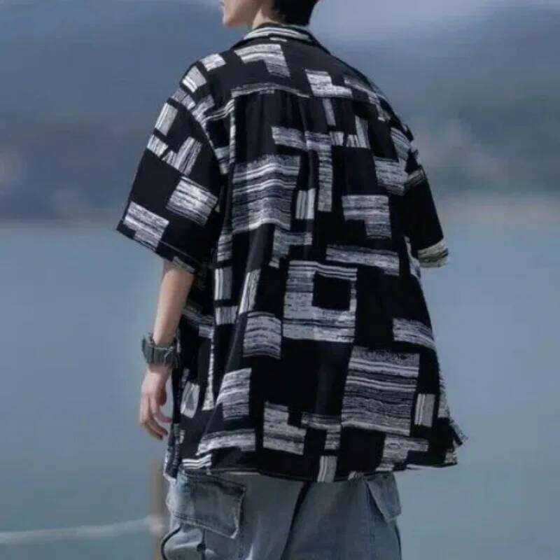 Men Summer Vintage Japanese Style Print Lapel Streetwear Y2k Shirt Youth Male Simple Casual Short Sleeve Oversize Harajuku Tops