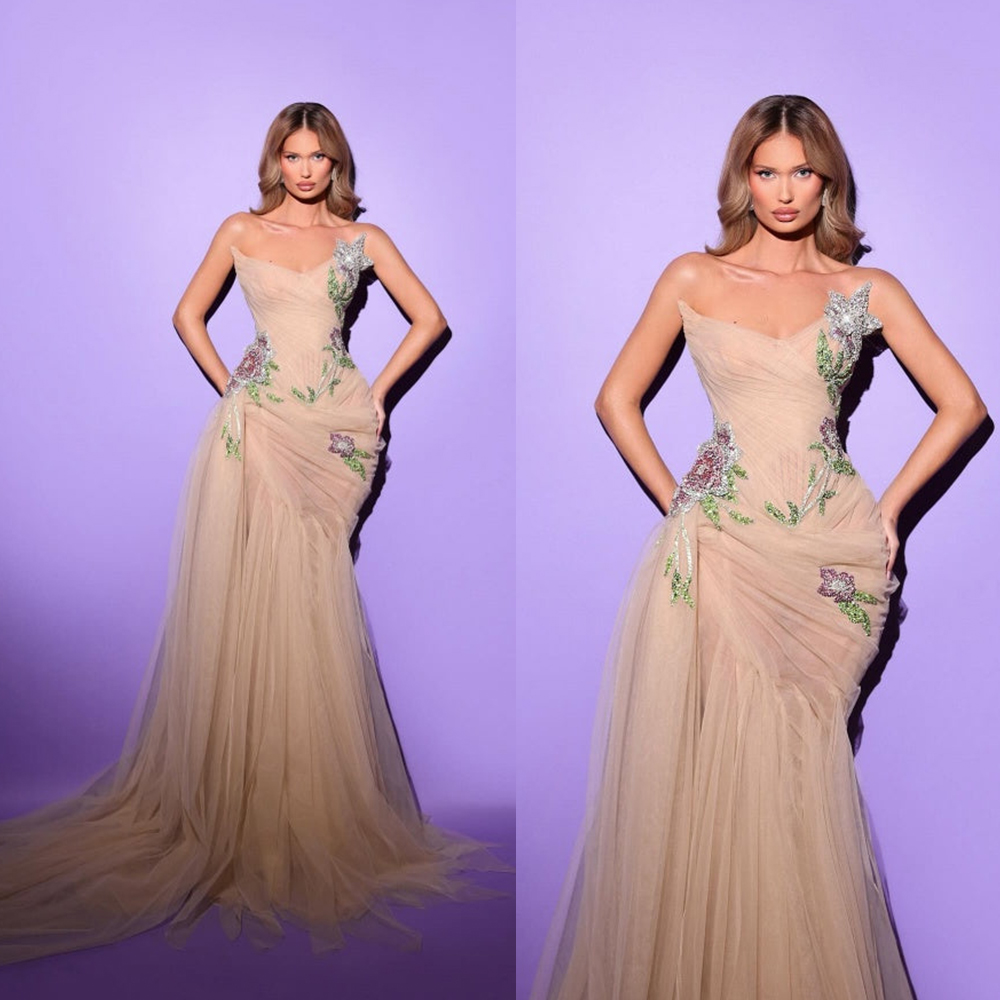 Simple Appliques Evening Dresses Strapless Prom Dress with Detachable Train Customized Mermaid Party Gowns Vestidos De Noche Plus Size